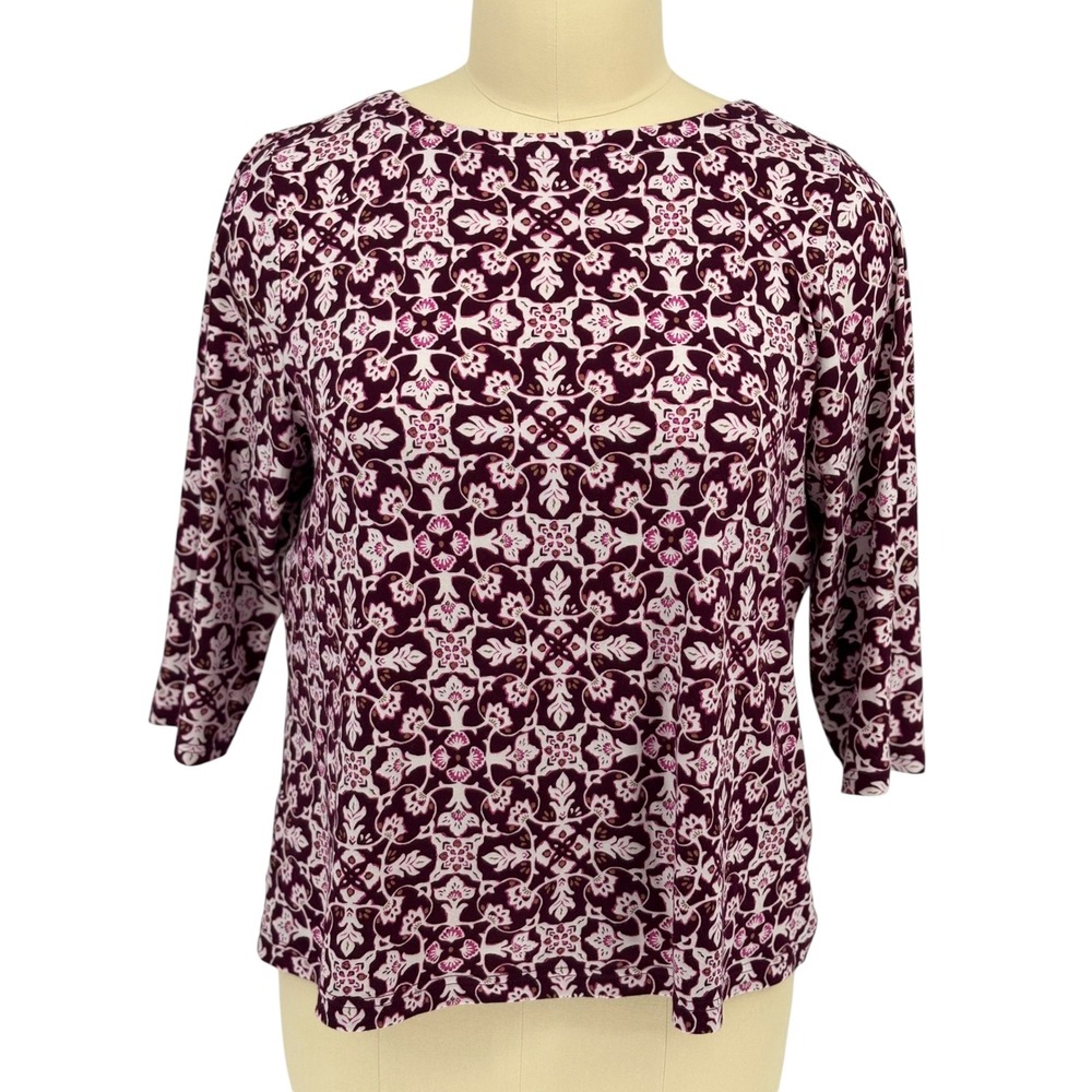 Croft & Barrow Top Burgundy White Medallion Floral 100% Cotton XXL
